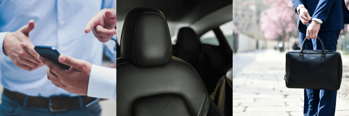 three images left to right: left man in shirt holding mobile, middle is a leather car seat, right is a man in suit with a briefcase